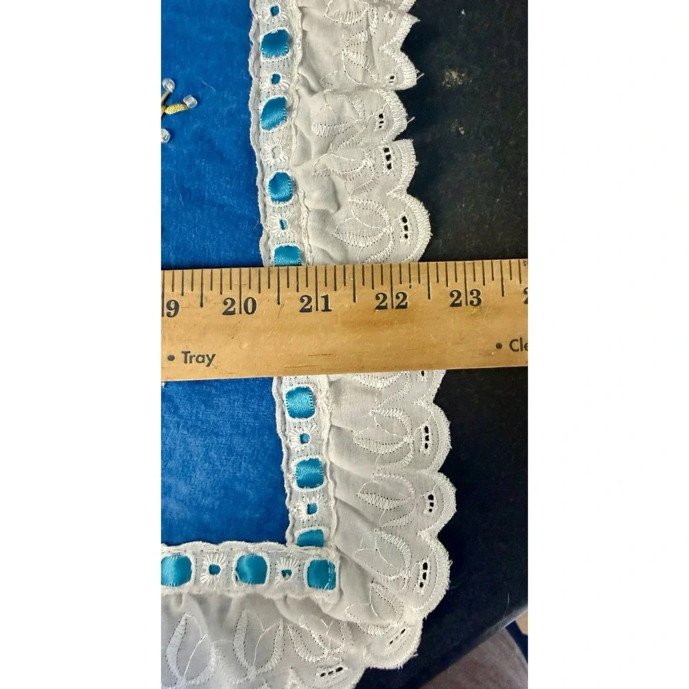 Vtg 3-Piece Bathroom Set Ribbon Embroidery Floral Ruffles Teal Blue Grannycore